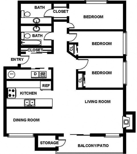 Floor plan for 3 beds, 1.5 baths, 1150 sqft